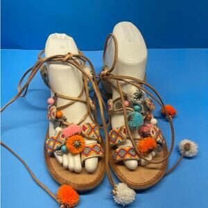 Chinese Laundry Multicolor Beaded Charm Gladiator Sandals Size 8 Pom Poms Charms